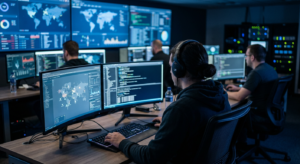 אדם עובד מול מסכים במרכז בקרה לאחר קורס SOC Analyst