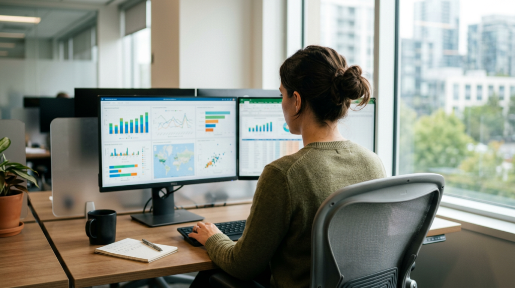 אישה לומדת על קורס דאטה אנליסט מחיר מול צגים עם גרפים