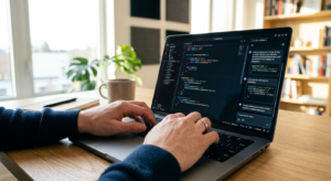 אישה לומדת במסגרת קורס Fullstack עם Claude Code על מחשב נייד